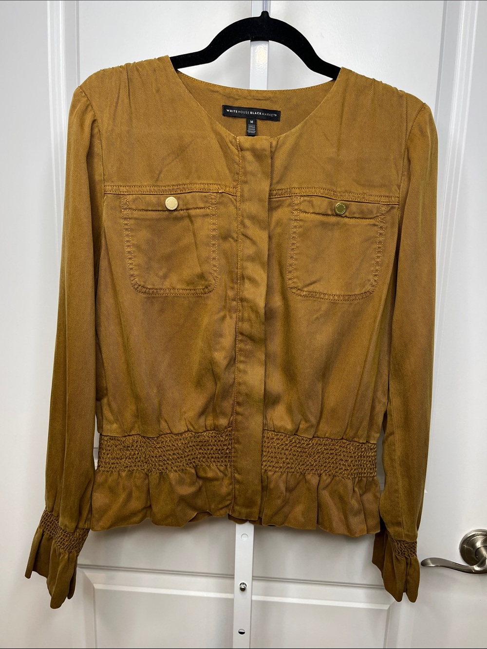 White House Black Market Women's Tan Utility Jacket with Smocked Waist Medium